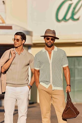 Image of COOFANDY Mens Knit Button Down Shirts Short Sleeve Polo Shirt Vintage Striped Casual Shirts
