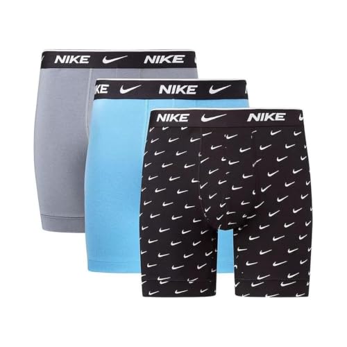 Nike Underwear Uomo Essential Boxer Briefs Pacco da 3 – vestibilità Aderente, Materiale Elasticizzato, Elevato Comfort, Swoosh Print/Grey/Uni. Blue, L