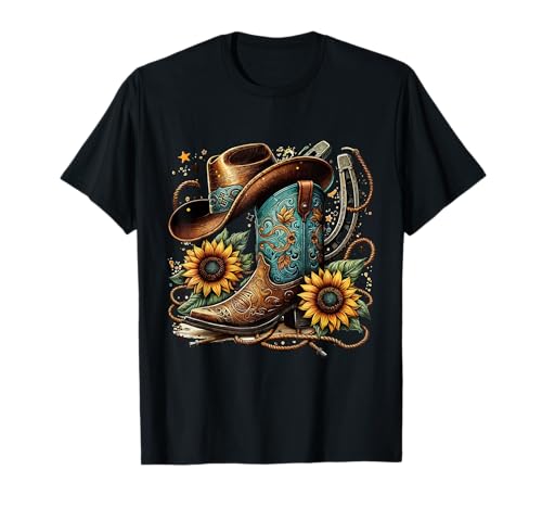 Western Cowboy Boot Horseshoe Sunflower Rope Cowgirl Boot T-Shirt, Small, Black