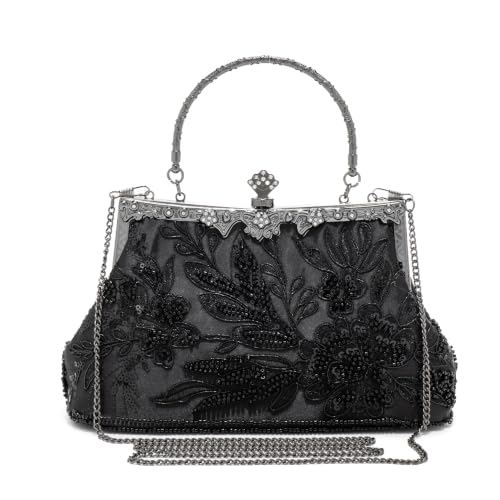 Image of 1920s Clutch Purses for Women, Embroidery Sequin Rhinestone Evening Bag | Top handle and removable shoulder chain, lightweight sequin floral design. Ideal for weddings, galas and formal events