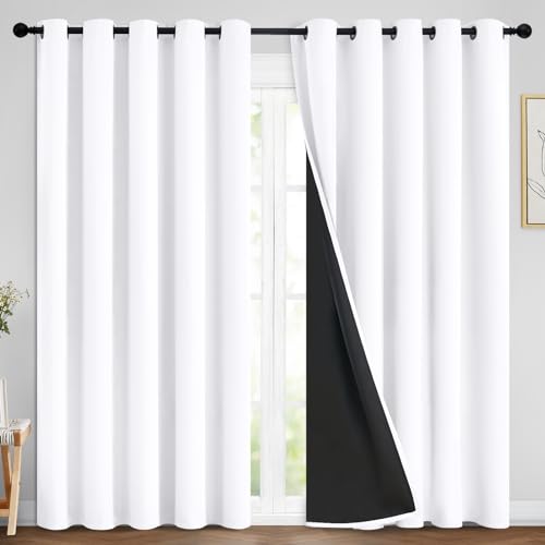 Image of Yakamok Pure White 100% Blackout Curtains 84 Inches Long 70 inch Wide 2 Panel | Blackout Curtain Panels for Bedroom, 2 Thick Layers Grommet Top Thermal Insulated Drapes with Black Liner for Living Room