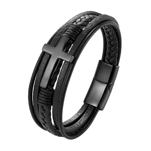 Fahonie Cross Leather Bracelet for Men Multi-Layer Braided Leather Bracelet Stainless Steel Religious Bracelet Gifts, 9 Inches by Fahonie - Used condition - US$15.04