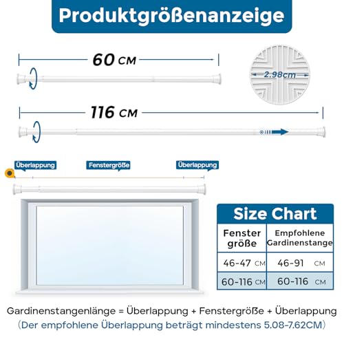 AIZESI Gardinenstange ohne Bohren 60 bis 120 cm, 1 Stück Teleskopstange, Weiß duschstange ohne bohren, verstellbare Vorhangstange ohne Bohren für Fenster, Schrank, Badezimmer