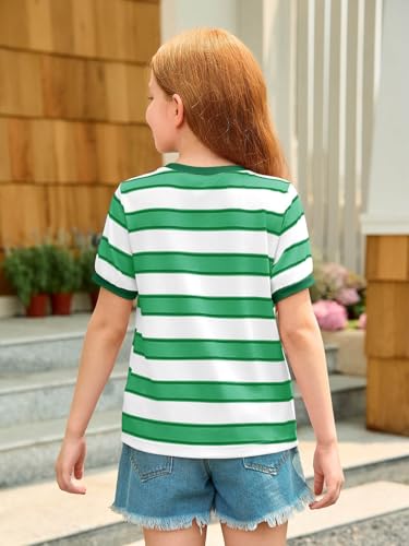 Image of Haloumoning Girls Striped Short Sleeve T Shirts Kids Summer Casual Tops Crewneck Tees Blouses 5-14Y