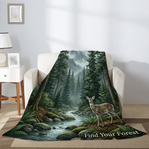 Couverture motif cerf plaid automne vert pour canapé et lit cocooning