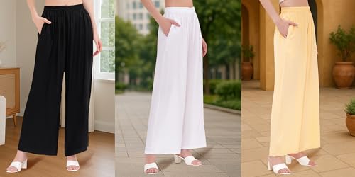 Image of Buy That Trendz Palazzo Pants for Women Rayon Elasticated Regular Fit Flared Wide Leg M to 6XL Pack of 3