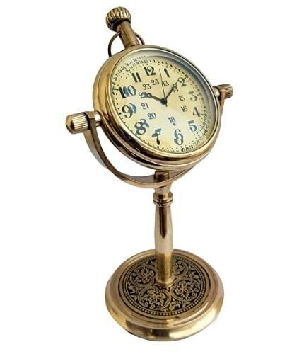 Handmade Antique Brass Table Clock Desk Clock Watches with Brass Rounded Shape Home & Office Decor (5 Inch - Shiny Brass)-image-46