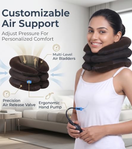 Image of Dimore Inflatable Brace Pillow Cervical Traction Device Adjustable Stretcher,Ideal for Spine Alignment and Chronic Pain Relief. (Brown)