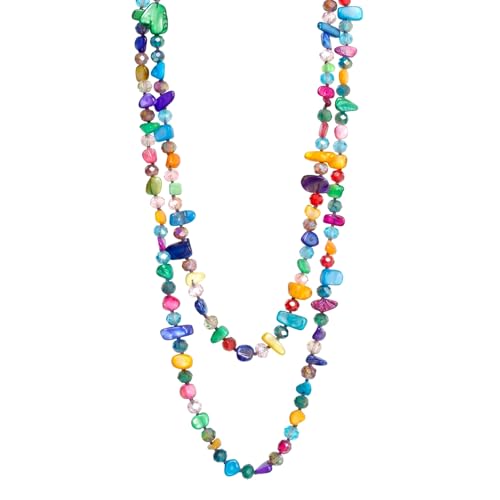 Gmai Colorful Double Layer Long Bead Necklace for Women Bohemian Chunky Statement Jewelry Natural Iridescent Shell Irregular Glass Beads Chunky Layered Long Chain Accessory (Colored long bead)