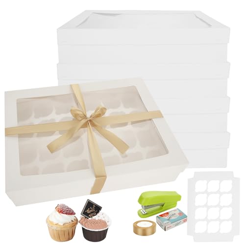 APACALI 10 Pack 24 Hole Cupcake Box, White Cupcake Boxes with Window and Adjustable Inserts, Bakery Box Cookie Box, Cake Box for Cupcakes, Cookies, Muffins, Pastries and Donuts