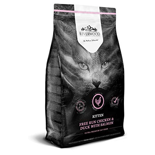 - Alimento completo sin cereales para gatitos con pollo, pato, salmón