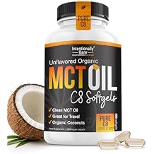 Intentionally Bare Organic Pure C8 MCT Oil Capsules 99.2% C8, .8% C10 MCT Oil PillsSustained Energy, Mood & Focus from 100% Pure Organic Coconuts - Easy to Swallow and Travel - 300 Soft Gels