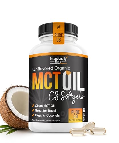 Intentionally Bare Organic Pure C8 MCT Oil Capsules 99.2% C8 .8% C10 MCT Oil PillsSustained Energy Mood & Focus from 100% Pure Organic Coconuts - Easy to Swallow and Travel - 300 Soft Gels