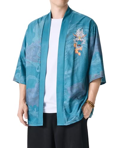 PRIJOUHE Men\'s Printed Kimono Robe Lightweight Japanese Shirt Open Front Haori Jacket Casual 3/4 Sleeve Yukata Bathrobe