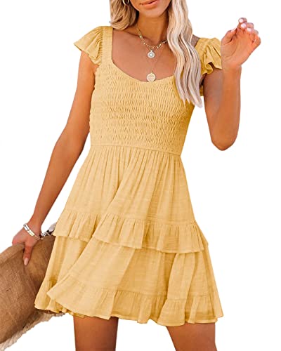 Image of Fessceruna Womens Summer Ruffle Dresses Elastic Empire Waist A-line Layered Swing Flowy Mini Dress