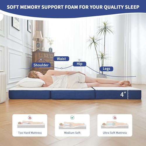 Image of CYMULA Folding Mattress Single Size,4 inch Tri-Fold Floor Mat for Naps,White