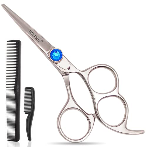 JIM PRO - 5’’ German Beard Mustache Scissor with 2 combs and Carrying pouch - Premium Hair Trimming Kit for Men's Facial Hair -Perfect Shears for Personal Grooming, Cutting & Styling (BLUE+SILVER)
