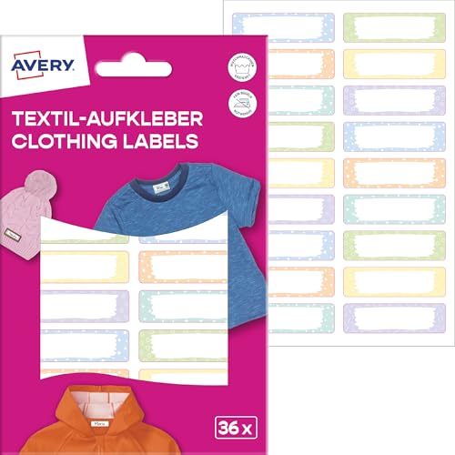 AVERY Zweckform ETVET36M Namensaufkleber wasserfest für Kleidung 36 Stück (13x45mm, Vinyl-Folie, selbstklebende Textil-Etiketten, beschriftbare Textilaufkleber, für Waschmaschine, Trockner) pastell