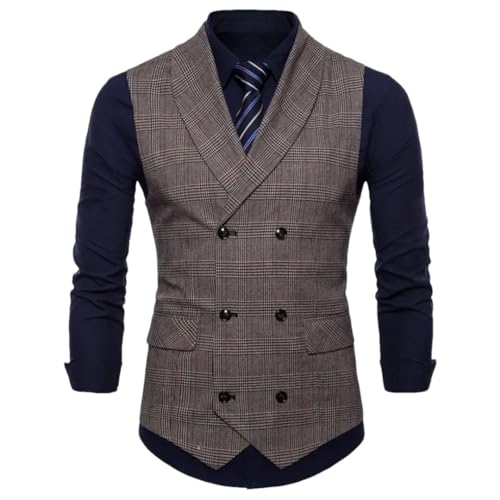 Men’S British Style Checkered Vest Double Breasted Slim Fit V-Neck Casual Business Suit Sleeveless Waistcoat