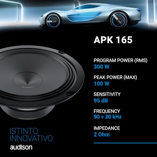 Audison APK 165 2-Wege-Komponentensystem, 165 mm Tieftöner und Hochtöner mit Frequenzweichen, 300 W Peak, 2 Ohm, 50 Hz bis 20 kHz Frequenzgang, Schwarz