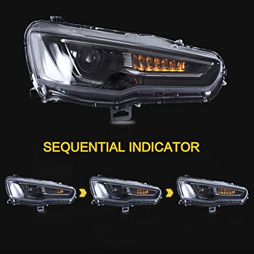 Vland Headlights Assembly Fit For Mitsubishi Lancer& Evo X 2008-2020 W/Drl, Led Front Light With Sequential Turn Signal, Plug-N-Play Headlamp With Demon Eyes, Black Housing #TOP2