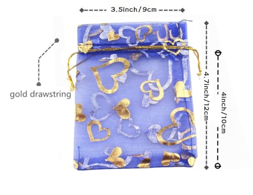 Image of 100 pcs 3.5 x 4.7 Inch Flower Heart Organza Jewelry Gift Pouch Candy Pouch Drawstring Wedding Favor Bags X92 (royalblue gold heart)