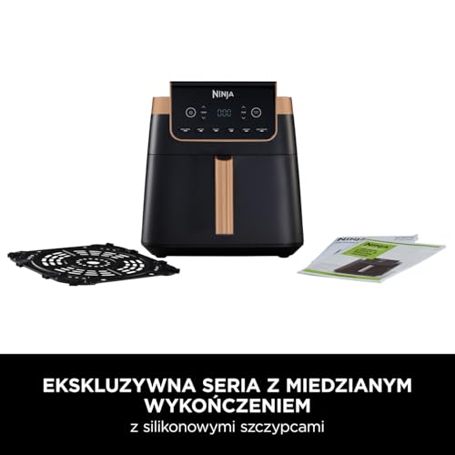 Ninja Heißluftfritteuse MAX PRO, 6,2 L, ölfrei, große Schublade, Rösten, Backen, Air Fry, Antihaftbeschichtet, Spülmaschinenfester Korb & Crisper Gittereinsatz, Silikonzange, Schwarz/Kupfer, AF180EUCP
