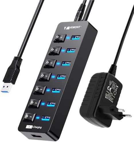 USB Hub Aktiv 3.0 mit Netzteil, VEMONT 8 Ports USB Verteiler mit 7*USB-Hub | USB Splitter mit 1 Intelligenter Charging Port & 5V/3A Netzteil, Individuellen Schalter und 1,2m Langes