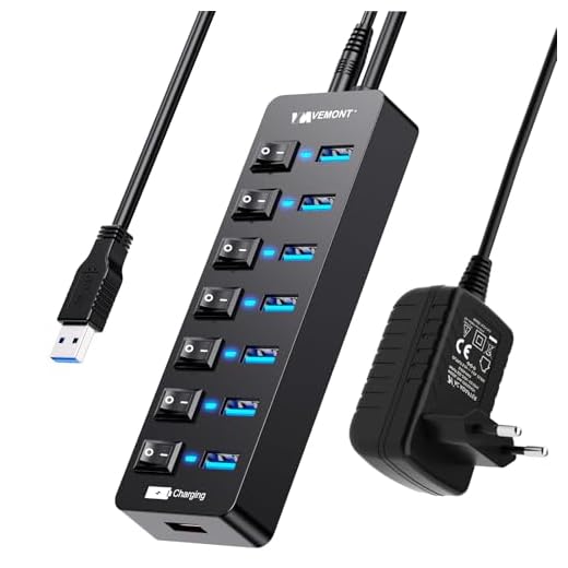 USB Hub Aktiv 3.0 mit Netzteil, VEMONT 7 Ports USB Verteiler USB-Hub und 1 Intelligenter Charging Port mit 5V/3A Netzteil, USB Splitter mit Individuellen Schalter und 1,2m Langes Kabel für PC/Laptop