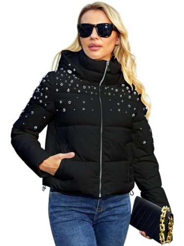 Puffer Jacket Womens Thickened Down Jacket with Diamonds Lightweight Winter Coats for Women