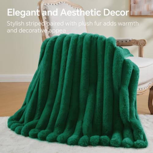 Image of BEDELITE Faux Fur Throw Blanket for Couch, 770GSM, 60 inch x 80 inch, Dark Green | Soft and Cozy Luxurious 3D Striped Fluffy Blanket, Warm Plush Fuzzy Faux Rabbit Fur for Women Gift, Stylish Room Decor