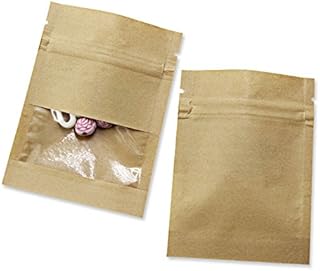 100pcs Small Brown Kraft Paper Food Bags for Zip Bag Reusable Lock Seal 7x9cm(2.7x3.5inch)(Usable Size 2.36x2.36inch) Clear Window Heat Sealable Bags Zipper Lock Resealable Pouches for Candy Storage