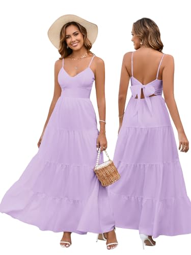 HTZMO Women Casual Summer Floral Maxi Sundress V Neck Spaghetti Strap Bow Tie Backless Flowy Boho Beach Long Dress 2026 Lavender M