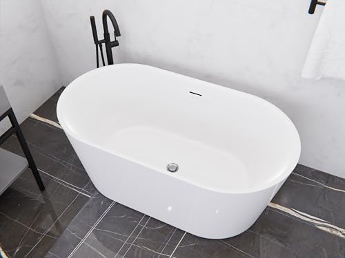 ANZZI Freestanding Acrylic Glossy White Deep Soaker Tub - 59' x 29' x 22' - 79 Gallons - Pre-plumbed, Overflow & Drain Included