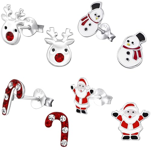 925 Sterling Silver Set of 4 Pairs Christmas Set Crystal Red nose Rudolph Reindeer, Crystal Candy Cane, Santa Claus, Snowman Stud Earrings (Nickel Free)