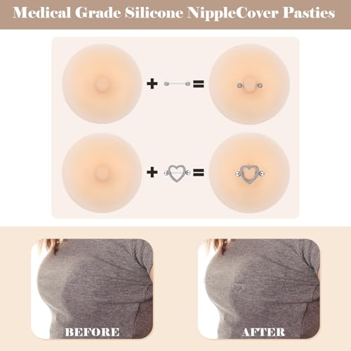 Image of Tondiamo 2 Pairs Silicone Breast Covers with Piercing Diamond Adhesive Reusable Fake Breast for Women with Piercing