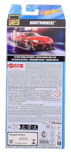 Image of Hot Wheels Car 2025 Nightburnerz Pack of 5 (87 Ford Sierra Cosworth, Nissan Maxima Drift Car, 20 Toyota GR Supra, Dimachinni, Subaru WRX STi) Multi - Color, 3+ Years