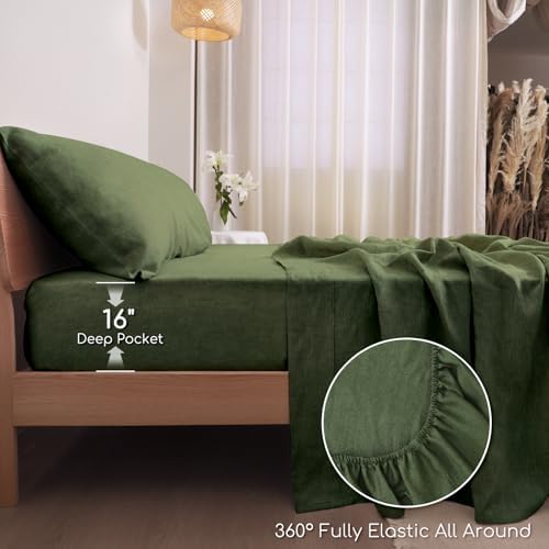 100% Linen Sheets Set Queen Size, Natural Pure Flax 4 Piece Bed Sets, 16" Deep Pocket, Breathable Cooling Bed Soft Durable Bedding, Machine Washable (Mossy Green,Queen) - Thumbnail 4