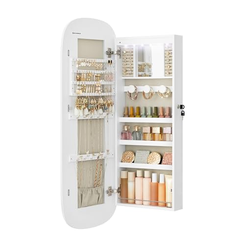 SONGMICS Armoire à Bijoux, Miroir Mural avec LED et Serrure, Miroir Psyché avec Plusieurs Compartiments, pour Boucles d’Oreilles, Colliers, Surface Blanche et Doublure Grise Beige JJC026W01