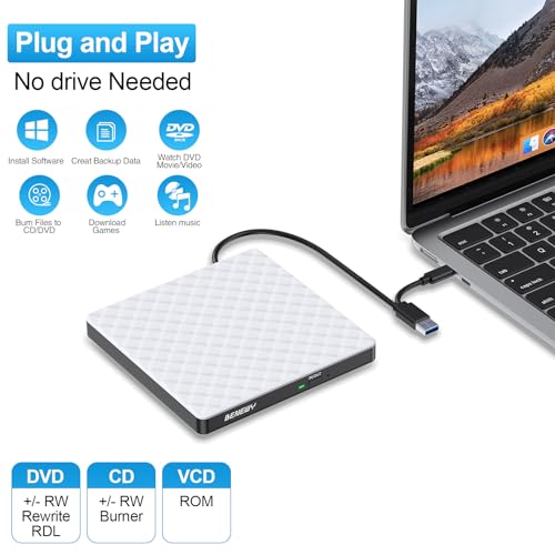 Image of BENEWY External CD /DVD Drive for Laptop, USB 3.0 USB C CD Burner DVD /CD ROM Disc Drive Reader External DVD Drive DVD Player for Laptop PC Desktop Windows 11 /10 /8.1 /7 MacBook Mac Linux OS Apple White