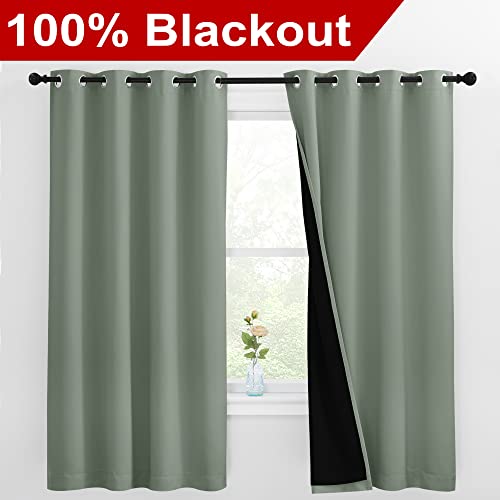 Image of NICETOWN Greyish Green 100% Blackout Lined Curtains, 2 Thick Layers Completely Blackout Window Treatment Thermal Insulated Drapes for Kitchen /Bedroom (1 Pair, 55-inch Width x 68-inch Length per Panel)