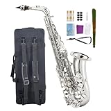 WUQIMUSC Saxofón alto profesional Eb – Kit completo de saxofón para principiantes con funda de transporte, boquilla, correas, lengüetas, kit de limpieza, perfecto para estudiantes y adultos (níquel)