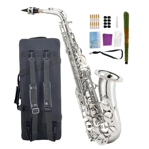 WUQIMUSC Saxofón alto profesional Eb – Kit completo de saxofón para principiantes con funda de transporte, boquilla, correas, lengüetas, kit de limpieza, perfecto para estudiantes y adultos (níquel)