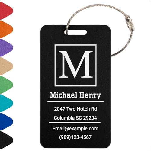 Personalized Luggage Tags for Suitcases Custom Metal Name Tags for Backpacks Bags Travel - Vertical (Black)