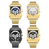 JewelryWe Orologio da uomo in acciaio inox, analogico, al quarzo, con cinturino in acciaio inox, design meccanico, 30, impermeabile, rettangolare, per uomini e ragazzi, Set da 4 - 4 pezzi, Bracciale