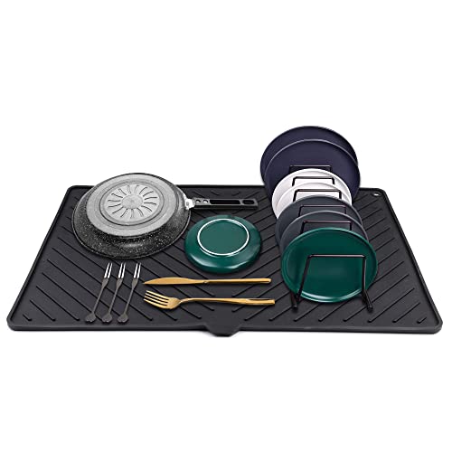 Dish Drying Mat, Silicone Dish Drying Mat for Kitchen Counter, Extra Thick & Large Dish Drainboard Mat with Built-in Drain, Non-silp, Heat Resistant, Dishwasher Safe (Black, 24' x 15')