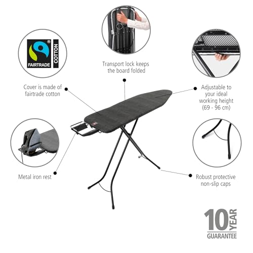 Image of Brabantia Comfort Ironing Board with Left /Right Adjustable Steam Iron Rest | Medium (Size B) | Fairtrade Denim Black Cover | Adjustable Height (27-38 inch), Easy Fold, Anti-Collapse Lock, Non-Slip Feet