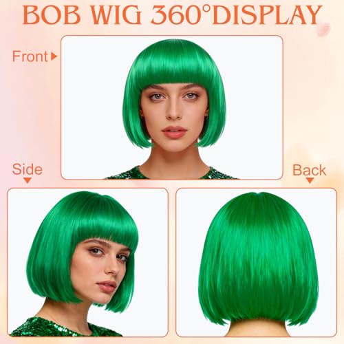 Image of MEEZY 2 Pcs Colorful Bob Wigs with Bangs Green Orange for Women, Neon Funny Wig Short Bob Hair with Heart Sunglasses Hair Cap for Halloween Costume Cosplay Birthday Bachelorette Party Carnival