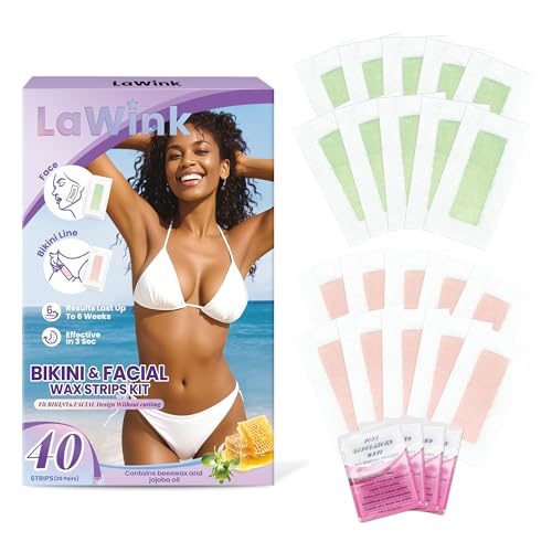 LaWink Facial Wax Strips for Women Bikini Wax Strips Kit 40pcs, Ready to Use Face Waxing Strips Hair Removal 4 Calming Oil Wipes Mouth waxing wax Depilatory tape for face Bikini Facial