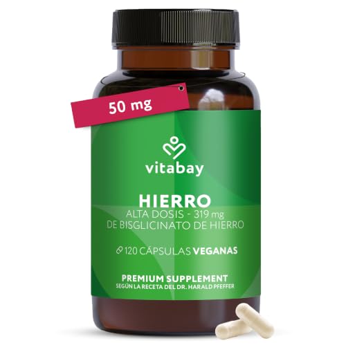 Vitabay Hierro Cápsulas – 120 cápsulas veganas | Bisglicinato de hierro 50 mg hierro elemental – Suplemento hierro – 4 meses